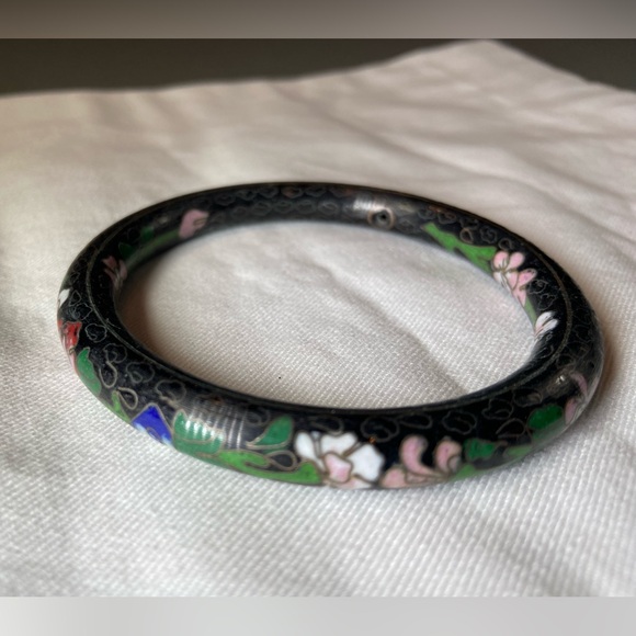 Vintage Black Cloisonne Enamel Bangle Bracelet Gold outlines the flowers‎ - Picture 6 of 9